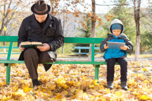 kids and strangers boy and man on bench